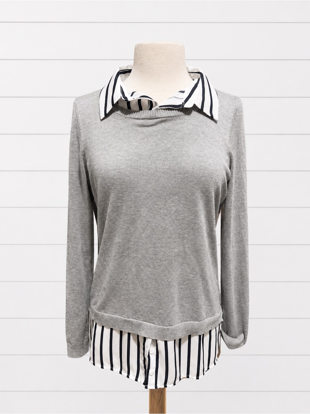 Adrianna Papell Grey Sweater with Navy-and-White Striped Shirt Detail